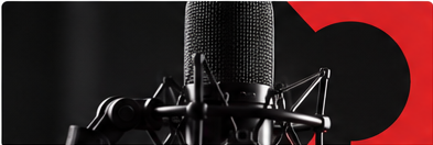 Studio microphone with red graphic accent.