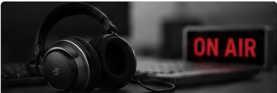 Studio headphones beside an on-air sign.