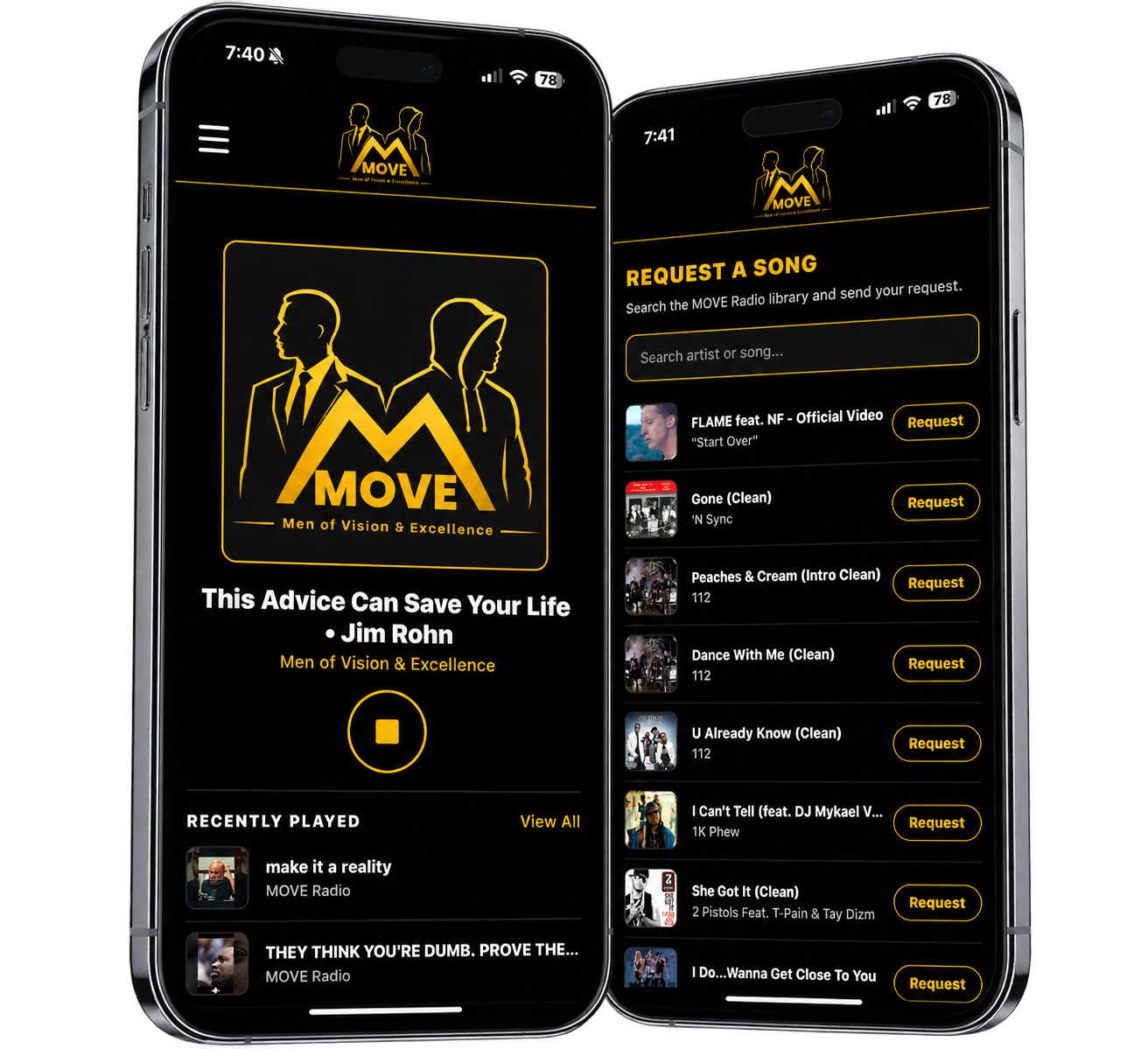 MOVE Radio branded mobile app displayed on two phones.