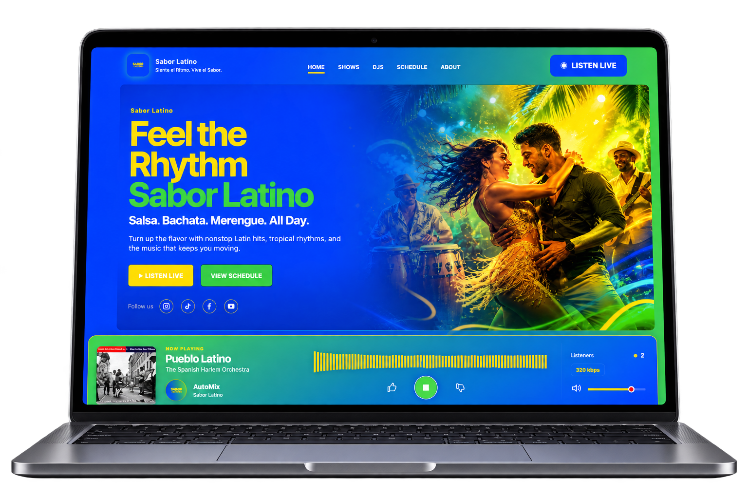 Sabor Latino station website displayed on a laptop.