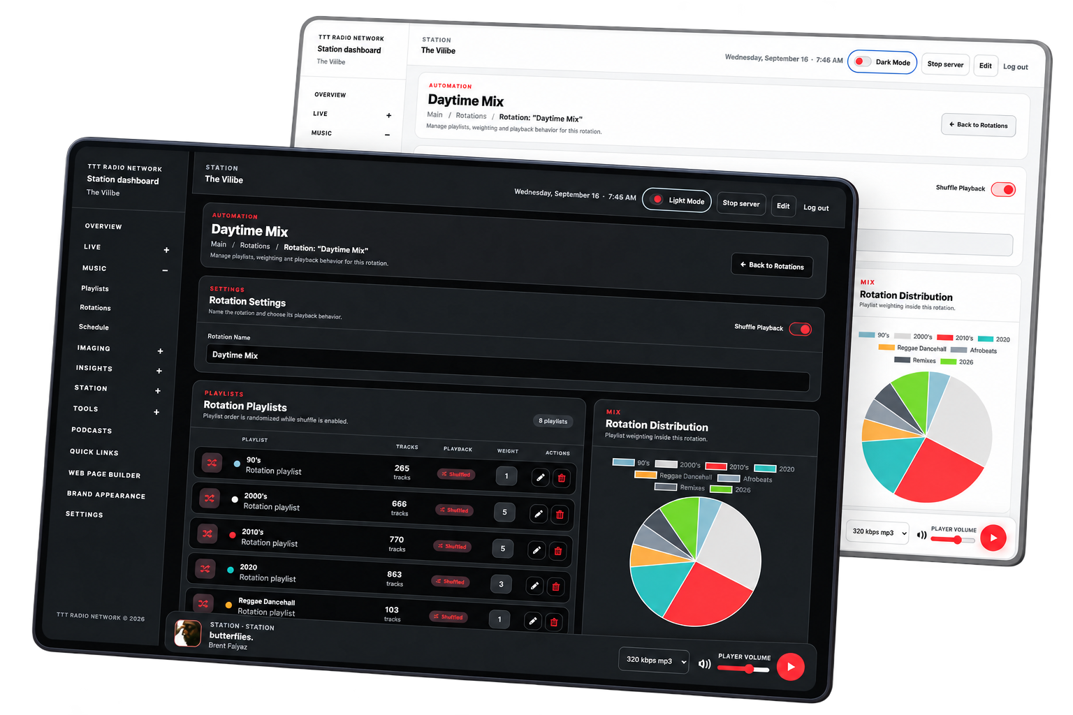TTT Radio Network station dashboard shown in dark and light modes.