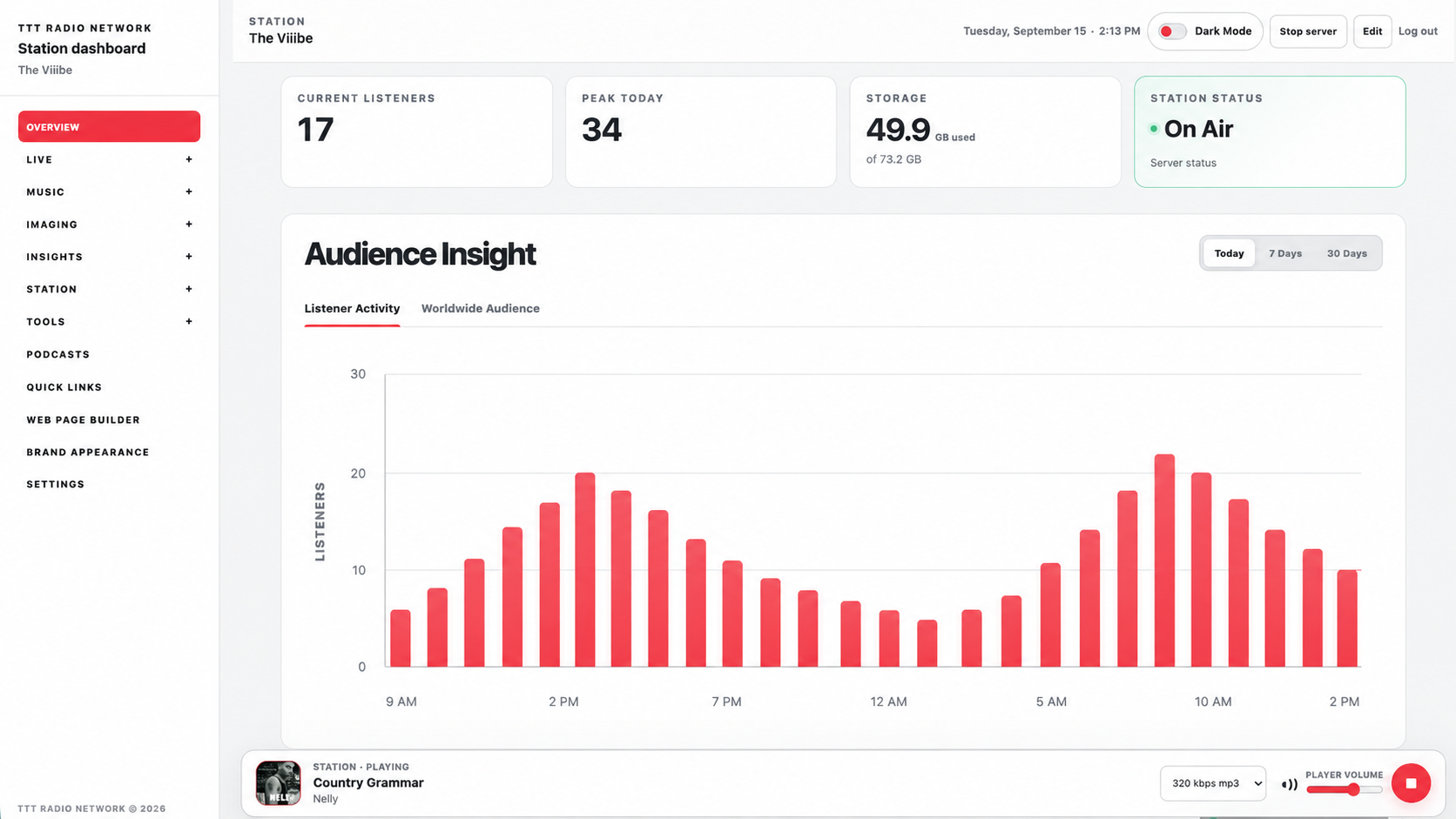 TTTRN station dashboard for The Viiibe showing audience insight, listener counts, storage, and on-air status.