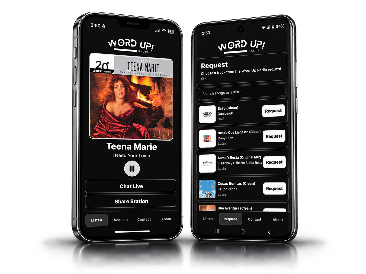 Two Word Up Radio mobile app screens showing the live player and song request list.