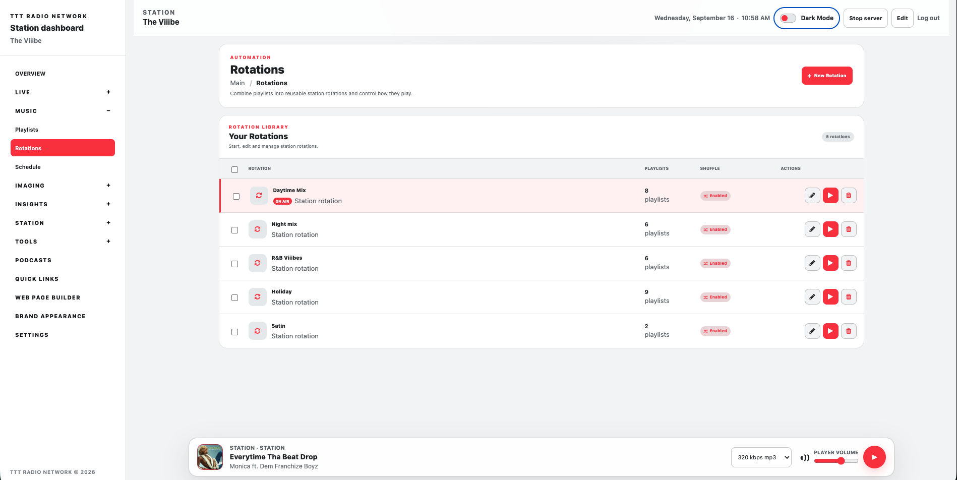 TTTRN rotations dashboard showing reusable station rotations and playlist automation controls.