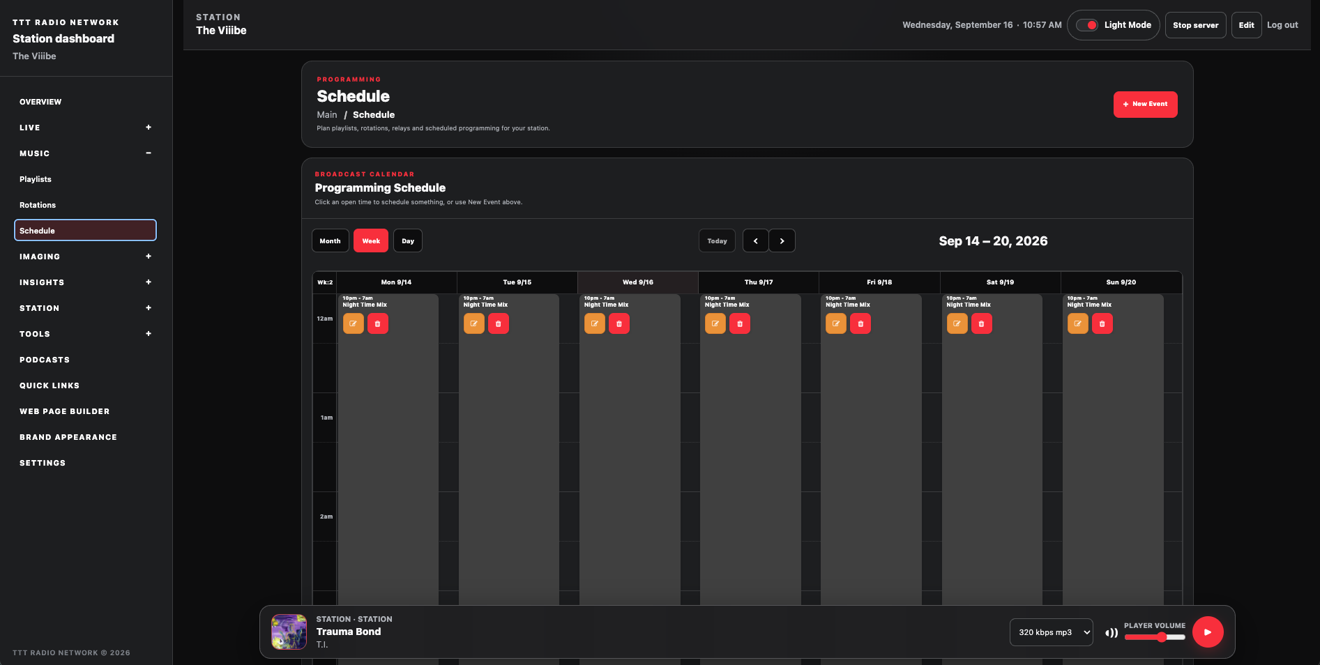 TTTRN programming schedule dashboard in dark mode showing a weekly broadcast calendar for The Viiibe.