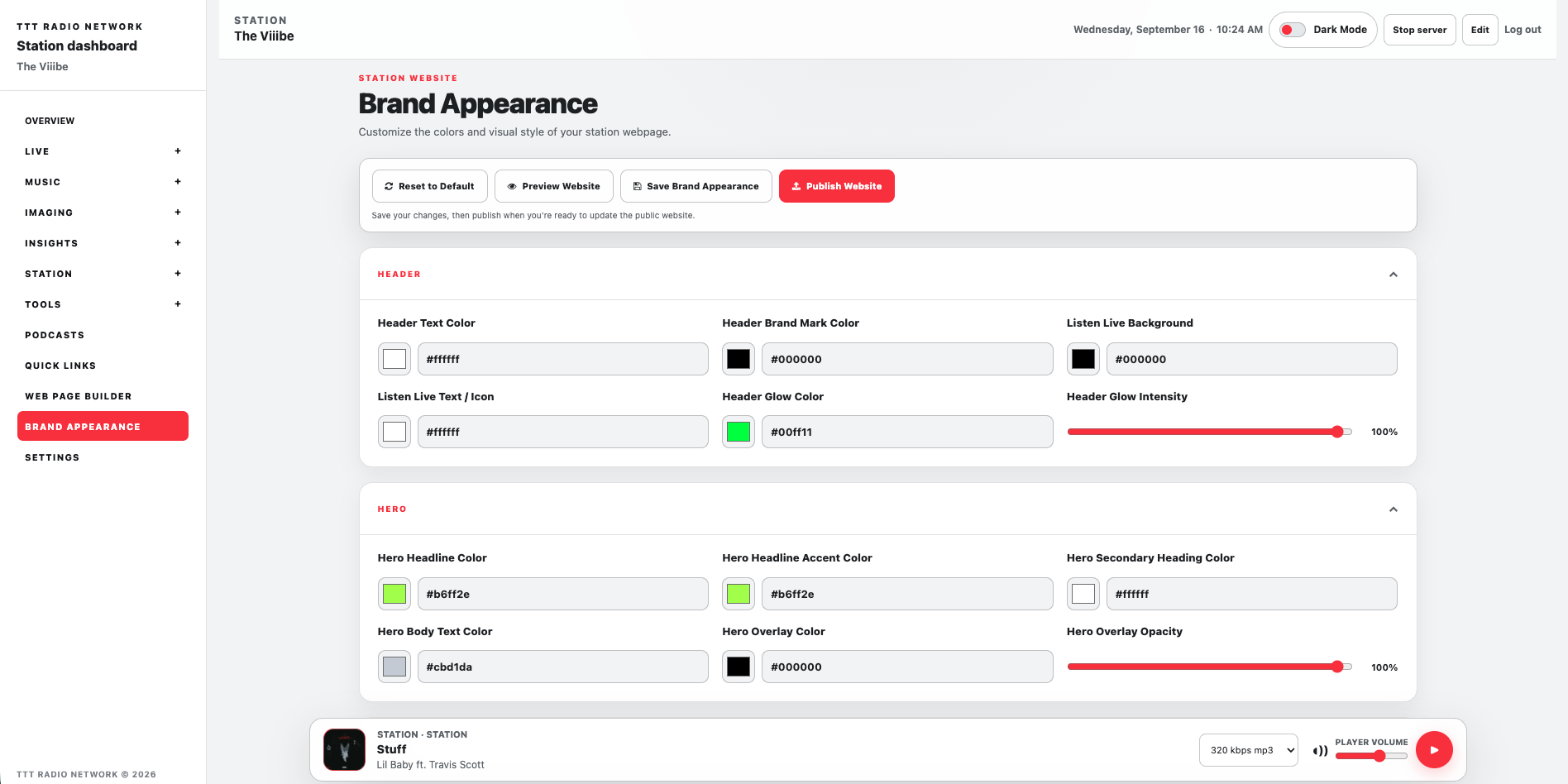 TTTRN Brand Appearance controls for customizing a station website including header, glow, hero, and overlay appearance.