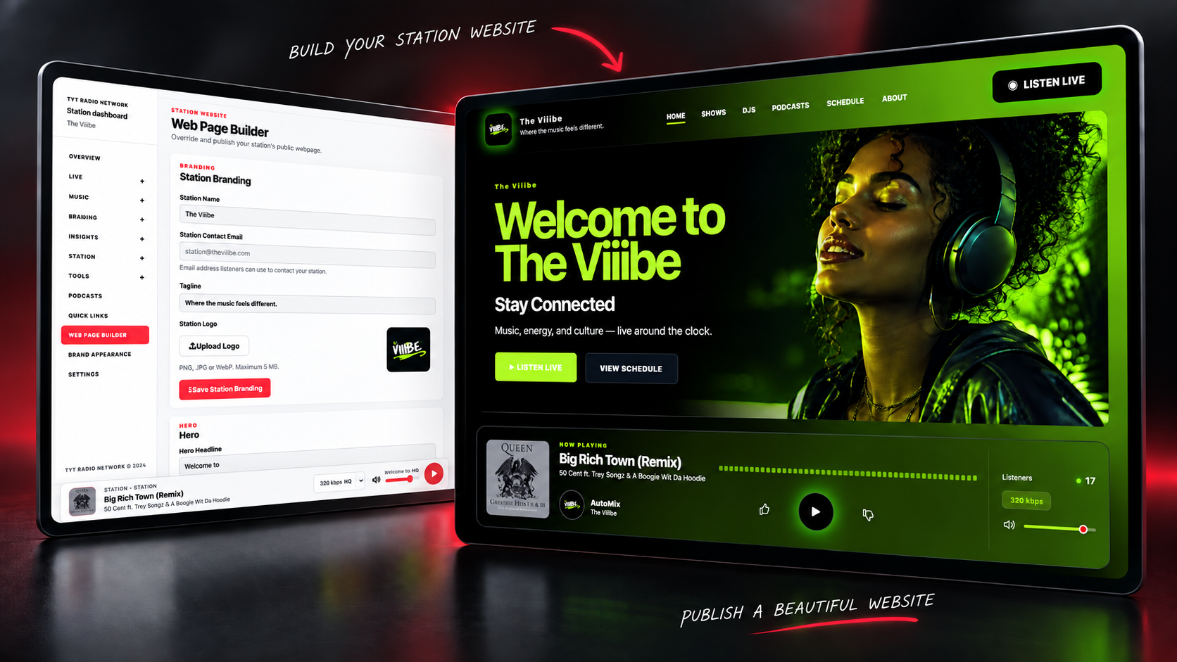 TTTRN Web Page Builder beside the published green-and-black The Viiibe station website.