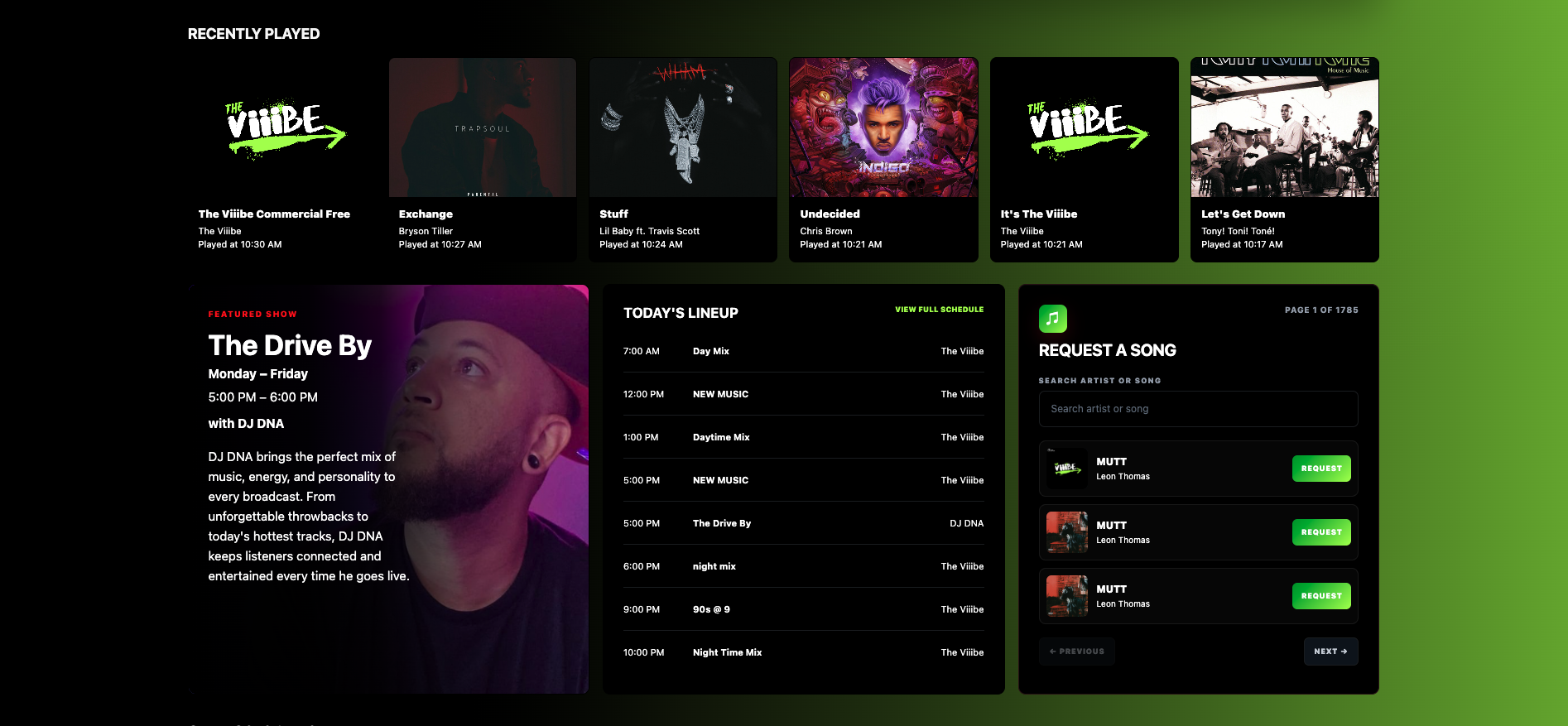 The Viiibe station website showing recently played music, a featured show, today’s lineup, and the request a song feature.