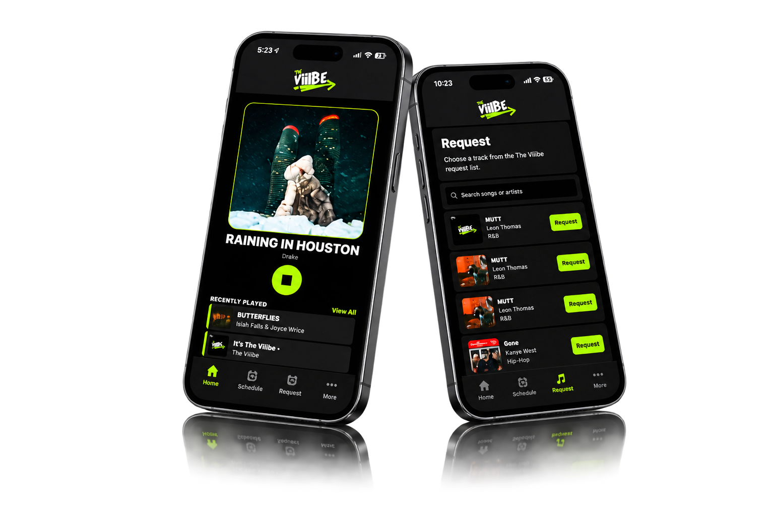 Two angled The Viiibe mobile app screens with small reflections beneath them.